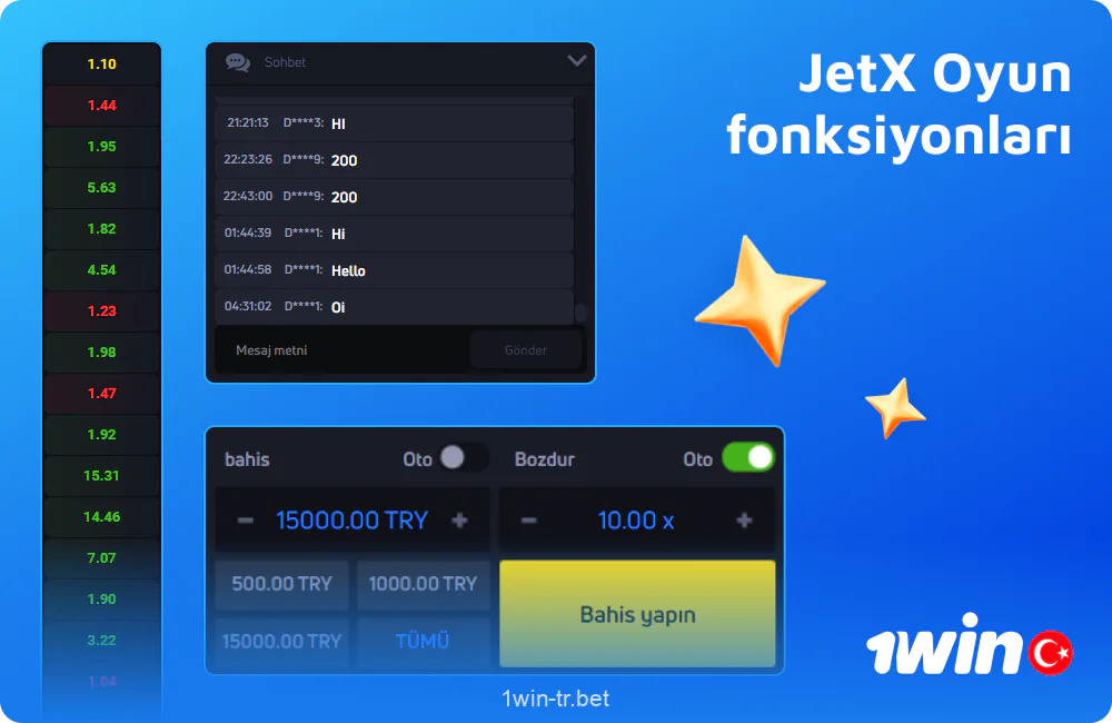 1win Turkey JetX oyununun özellikleri